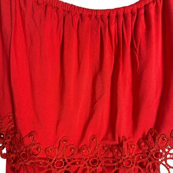 Chico’s Runway Red Embroidered Hem Off the Shoulder Knee Length Dress Size 6 - Picture 6 of 11